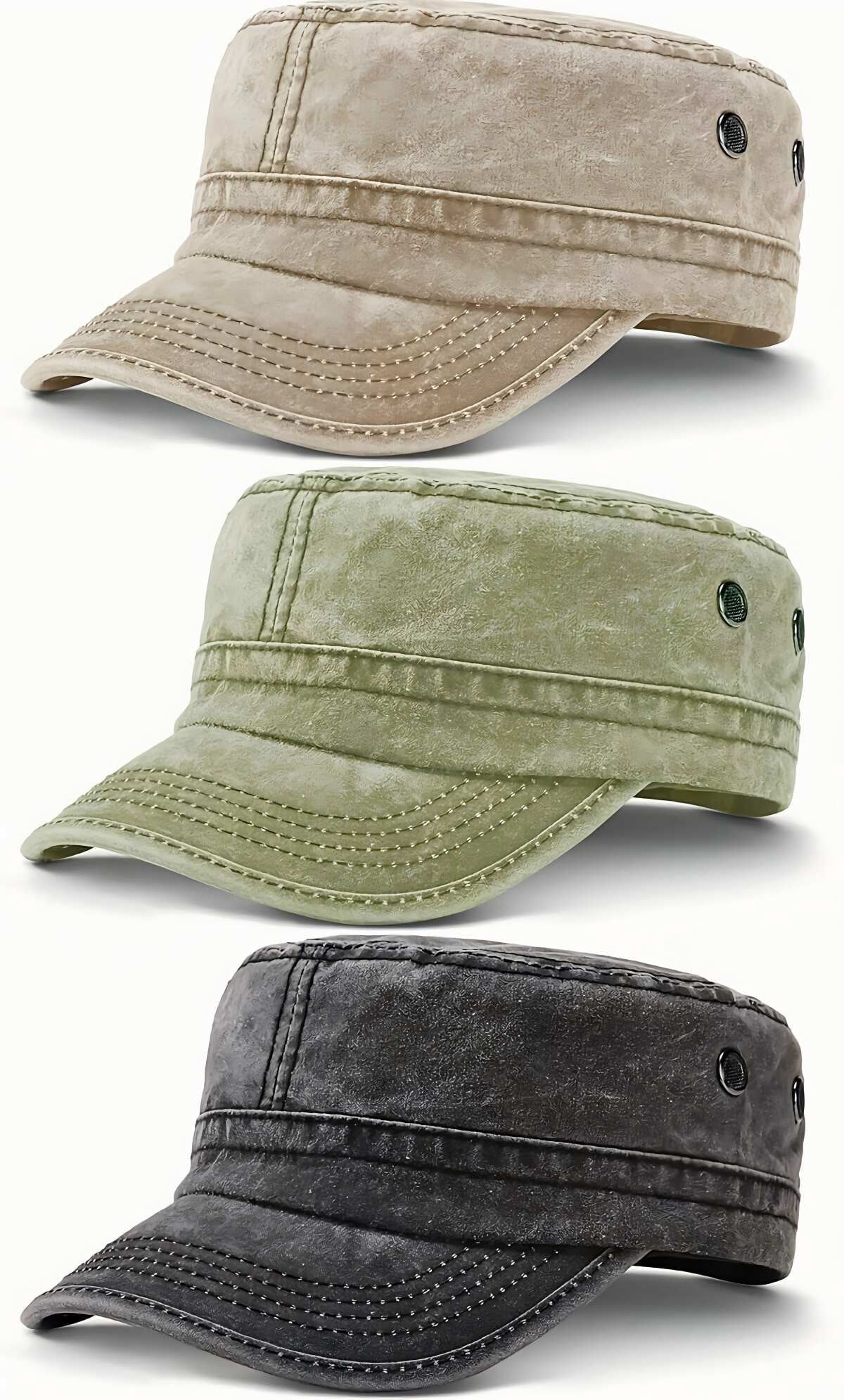 DOVACKA 3 Pieces Cadet Army Cotton Caps Washed Military for Flat Top Caps Adjustable Military Style Hat Unisex