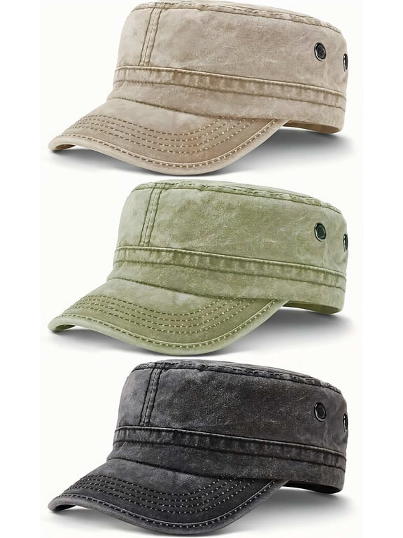 3 Pieces Cadet Army Cotton Caps Washed Military for Flat Top Caps Adjustable Military Style Hat Unisex
