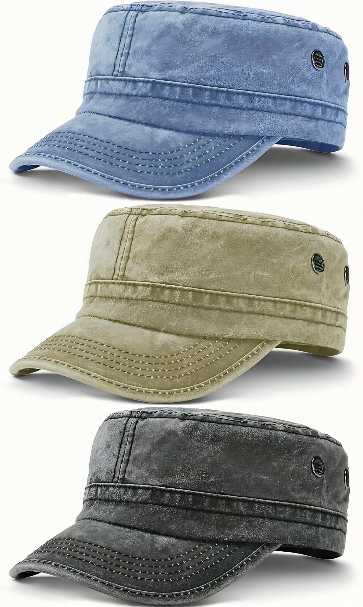 DOVACKA 3 Pieces Cadet Army Cotton Caps Washed Military for Flat Top Caps Adjustable Military Style Hat Unisex