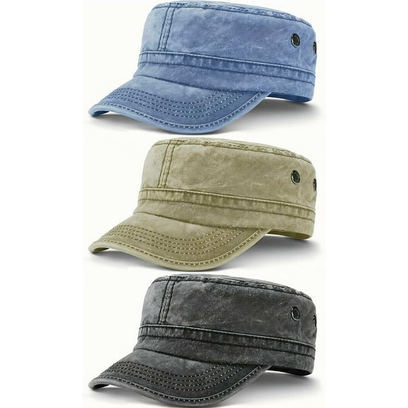 DOVACKA 3 Pieces Cadet Army Cotton Caps Washed Military for Flat Top Caps Adjustable Military Style Hat Unisex