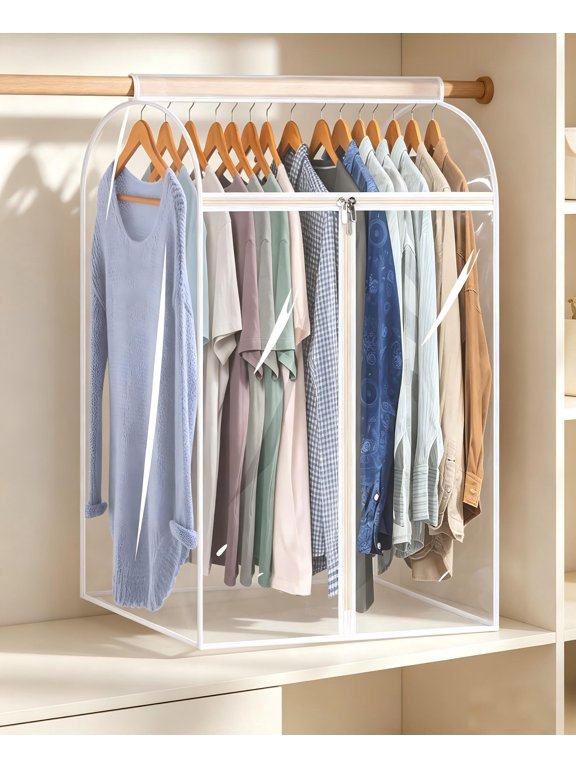 43" Hanging Garment Bags for Closet Storage Large Clear Window Hanging Clothes Storage Garment Rack Cover Coat Protector for Suit, Wardrobe, Bottom Enclosed