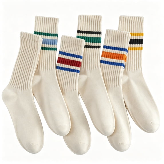 DOVACKA 6-Pack Neutral Striped Retro Crew Socks, Casual Cotton Socks for Men Women (Size 7-15)