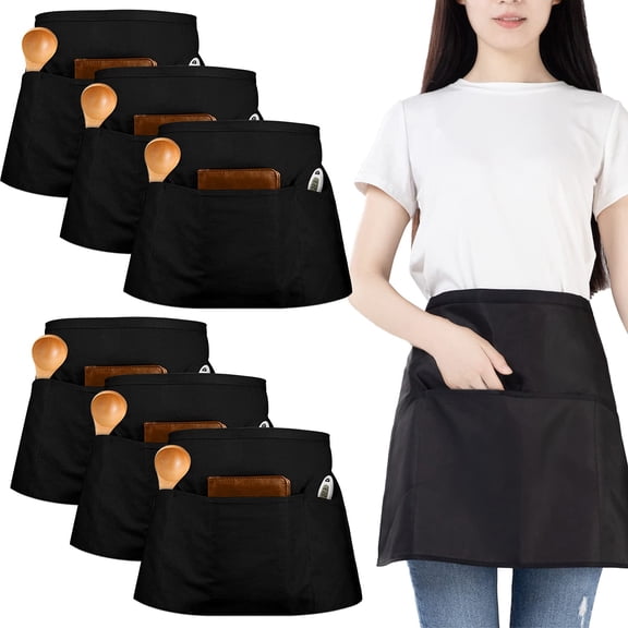 DOVACKA 6-Pack Waterproof Half Waist Apron with 3 Pockets, Unisex for Waitress Chef, Cooking Cleaning