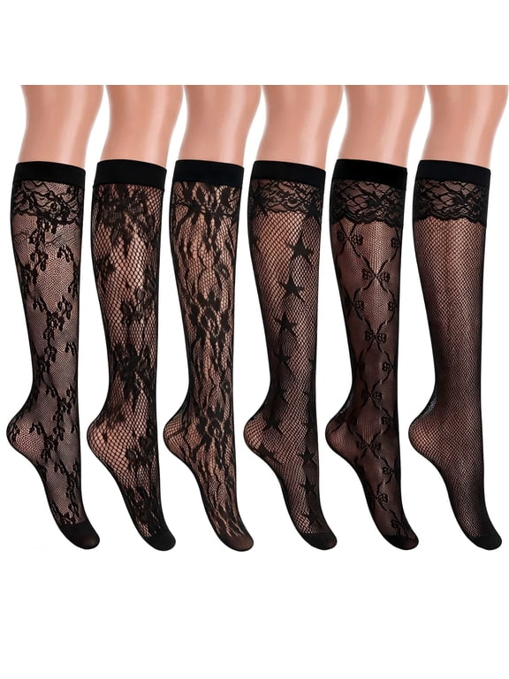 6-Pack Women's Fishnet Lace Hollow Knee High Socks, Stylish Mesh Calf Stockings, Stretchy Comfort
