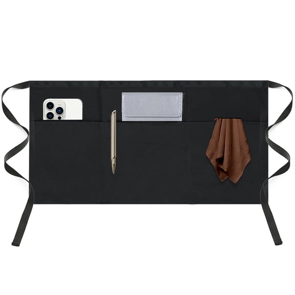 DOVACKA Black Half Waist Apron with 3 Pockets, Short Server Apron for Waitress Waiter