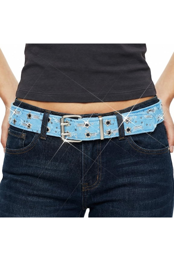 Blue Denim Waist Belt Star Grommet Leather Wide Belts Sequin Y2K Jeans Belt for Women