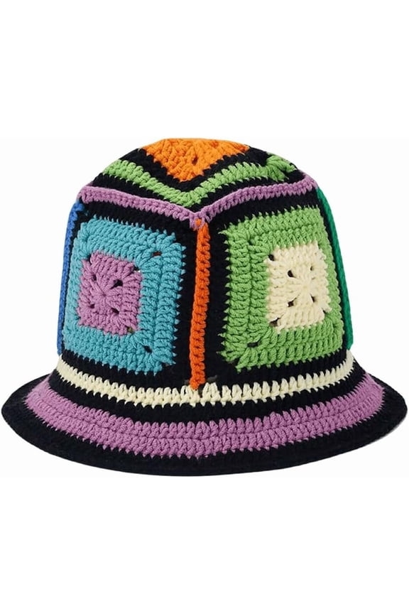 Boho Plaid Crochet Bucket Hat | Colorful Y2K Knit Design, Foldable Fisherman Hat for Women