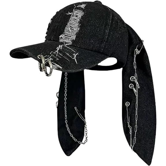 DOVACKA Cute Bunny Hat with Ears Y2k Grunge Metal Iron Ring Chain Distressed Denim Baseball Cap