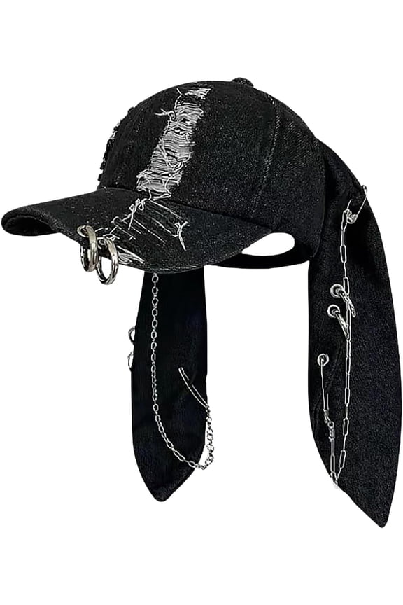 Cute Bunny Hat with Ears Y2k Grunge Metal Iron Ring Chain Distressed Denim Baseball Cap