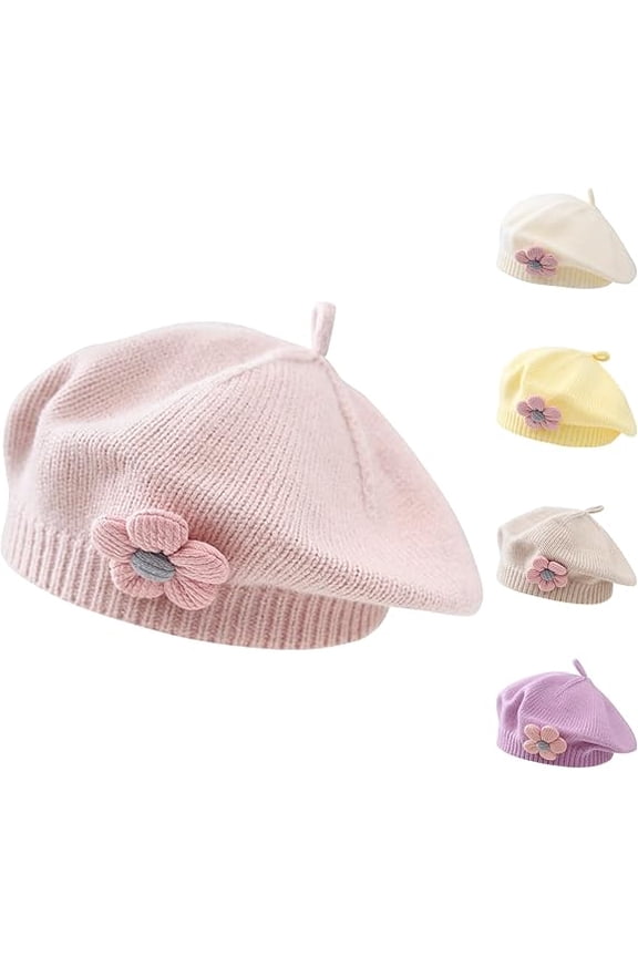 Cute Flower Toddler Beret, Warm Knitted French Style Winter Cap for Baby Girls (0-3 Years)