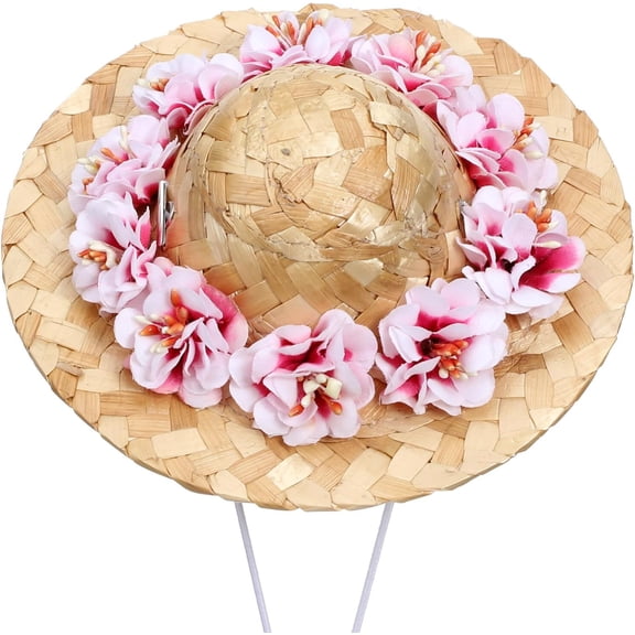 DOVACKA Dog Straw Hat : Dog Sombrero Hat with Flower Adjustable Pet Sun Cap Bucket Cap for Puppy Cat, 14 x 14 x 6cm