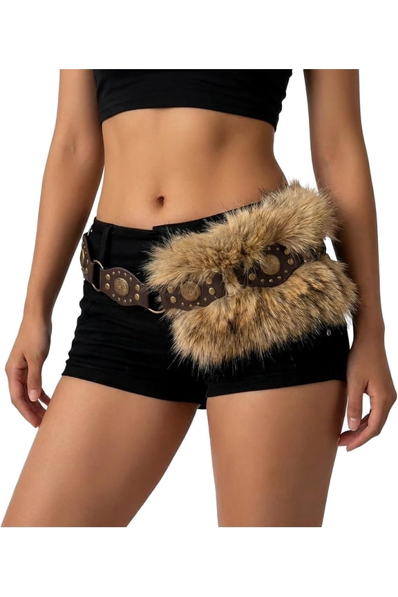 Faux Fur Belt Women Plus Size Y2K Brown Cheetah Festival Belts for Viking