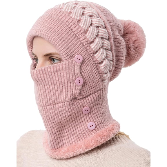 DOVACKA Fleece Lined Pompom Knit Balaclava, All-in-One Winter Warm Beanie Skull Cap Neck Scarf Mask Women