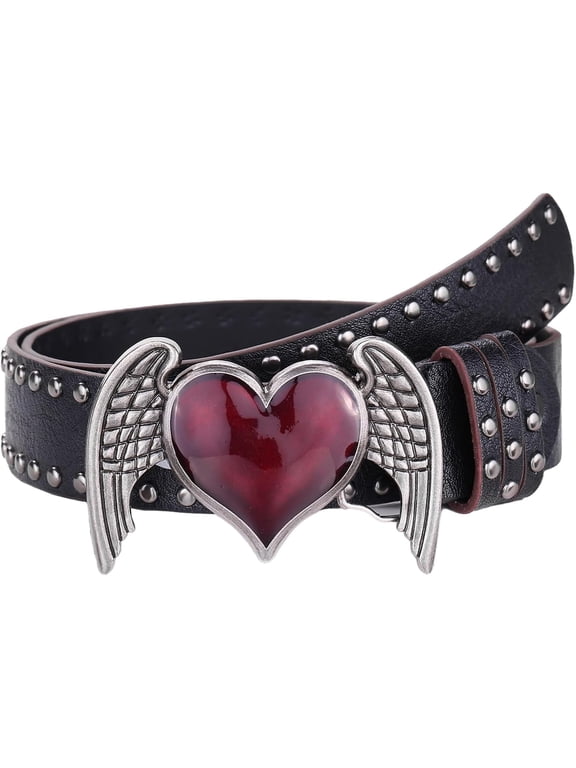 Heart Wing Studded Belt, Punk Gothic PU Leather Waist Belt with Vintage Enamel Buckle Y2k Rock Emo Grunge Jean Belt
