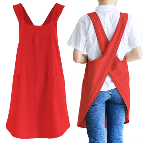 DOVACKA Japanese Cotton Linen Cross Back Cooking Apron for Women Men with Pockets Cute for Baking Kitchen