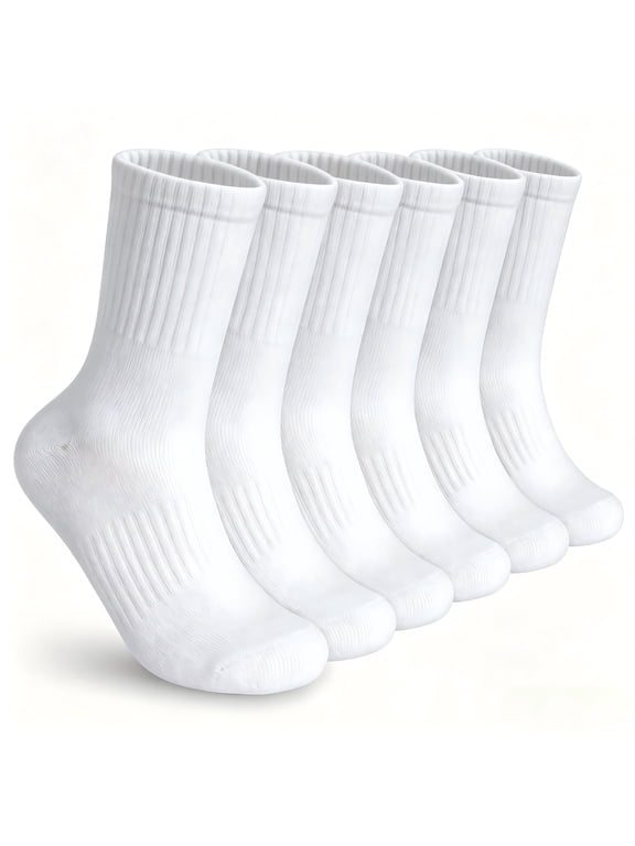 Kids 6-Pack Athletic Crew Socks, Thick Cotton with Elastic Arch Support & Ribbed Cuffs, Boys Girls 5-14 Years
