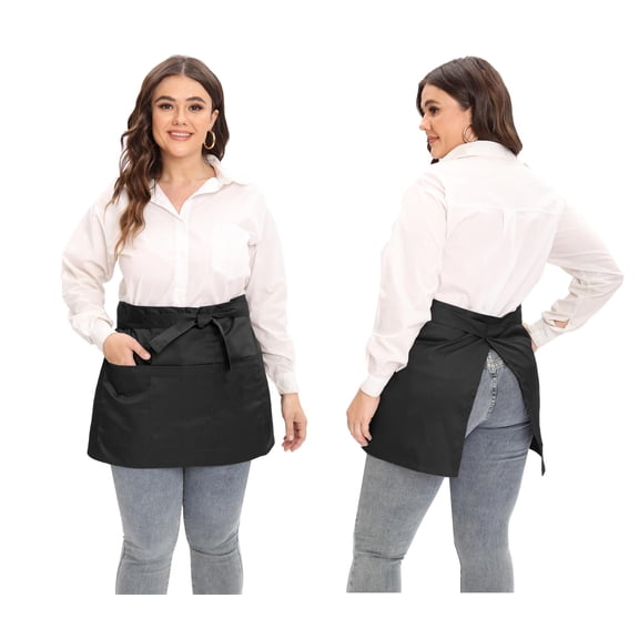 DOVACKA Large Size Server Apron with 3 Pockets, Black Half Waist Apron for Men Women