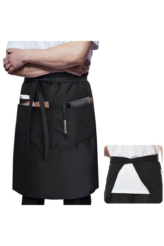 Long Server Apron Black with 3 Pockets Bistro Half Aprons for Men Women Waiter Waitress Chef 28 Inch Waterproof