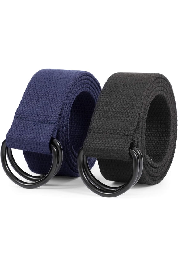 Men Canvas Belt Web Fabric Casual Belt with Black Double D-ring 1 1/2" Wide Set of 2