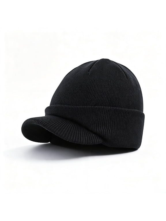 Men's Double Knit Winter Beanie with Visor Brim, Warm Cuffed Radar Watch Cap, Windproof Cozy Skull Hat for Outdoor Cold Weather, Gift