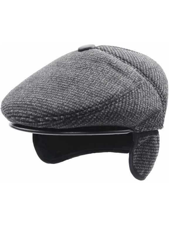 Men's Flat Cap with Ear Flaps, Wool Blend Winter Newsboy Hat