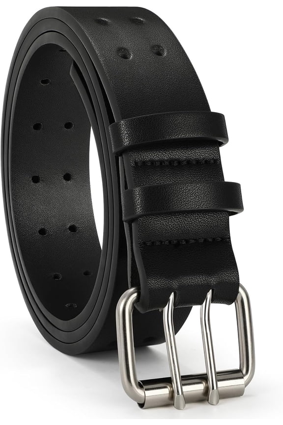 Mens Leather Double Prong Belt Work Casual Belts for Men Black Belt with Heavy Duty Dual Holes for Jeans