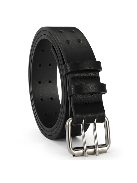 Mens Leather Double Prong Belt Work Casual Belts for Men Black Belt with Heavy Duty Dual Holes for Jeans