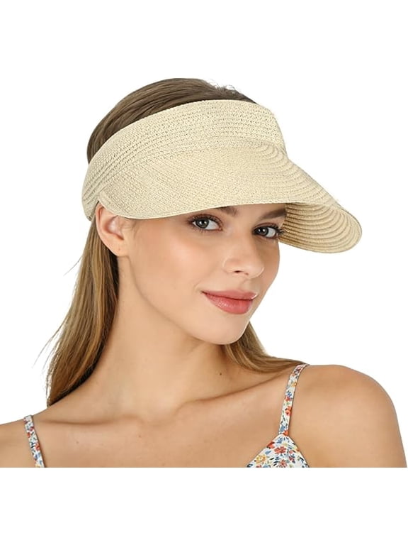 Natural Straw Beach Visor Hat for Women, SPF 50 UV Protection, One Size Fits Most