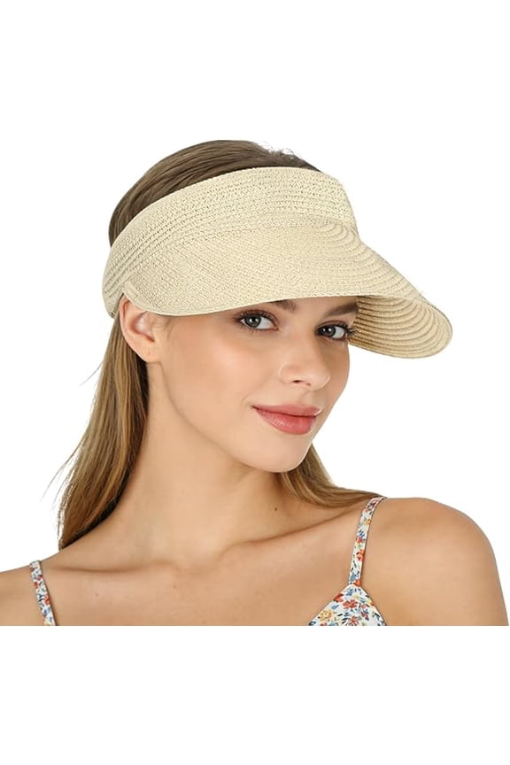 Natural Straw Beach Visor Hat for Women, SPF 50 UV Protection, One Size Fits Most