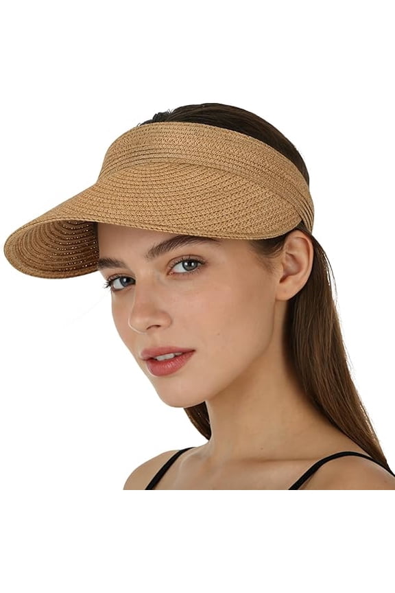 Natural Straw Beach Visor Hat for Women, SPF 50 UV Protection, One Size Fits Most