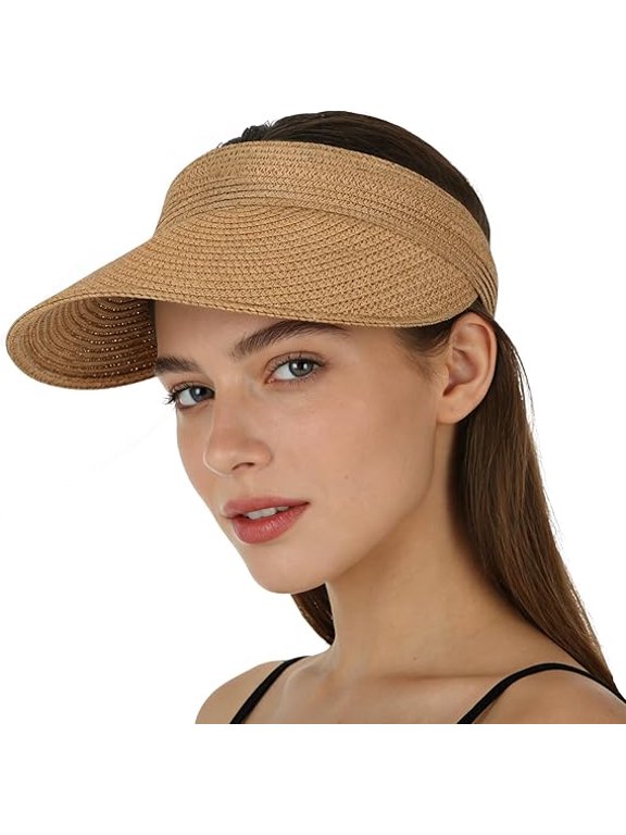 Natural Straw Beach Visor Hat for Women, SPF 50 UV Protection, One Size Fits Most