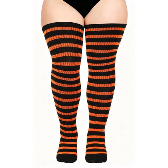 DOVACKA Plus Size Thigh High Socks for Women, Extra Long Knit Cotton Striped Over Knee Leg Warmers, Breathable Stretchy, Great for Halloween Costume & Cool Weather