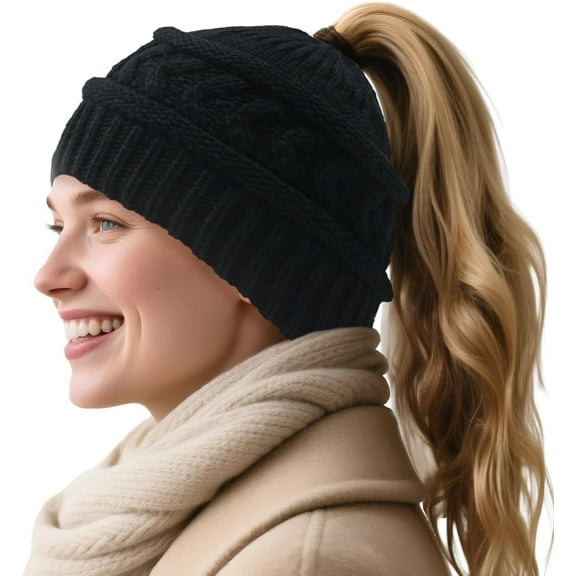DOVACKA Ponytail Beanie Hat for Women Winter Warm Knit Beanies High Bun Hats Skull Cap