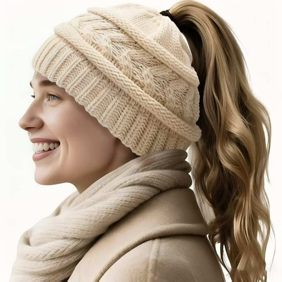 DOVACKA Ponytail Beanie Hat for Women Winter Warm Knit Beanies High Bun Hats Skull Cap