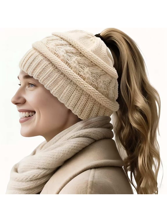 Ponytail Beanie Hat for Women Winter Warm Knit Beanies High Bun Hats Skull Cap