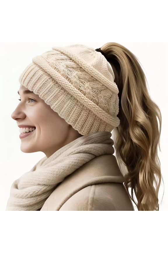 Ponytail Beanie Hat for Women Winter Warm Knit Beanies High Bun Hats Skull Cap