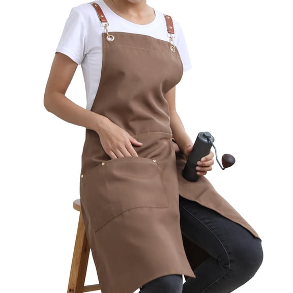 DOVACKA Pottery Apron Split Leg,Cross Back Chef Apron with Pockets,Painting Apron with Adjustable Straps for Cooking,Baking,BBQ,Ceramic,GardeningQ(Brown)