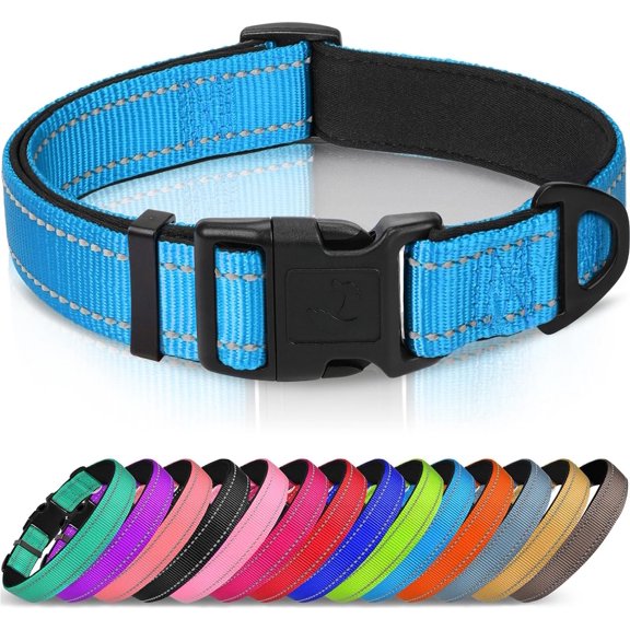 DOVACKA Reflective Dog Collar, Soft Neoprene Padded, Metal D-Ring, Nylon Pet Collar Adjustable for Large Dogs, Teal, L