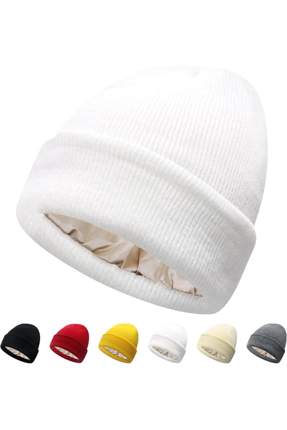 Satin Lined Beanie for Women Silk Lining Soft Winter Hats Reduce Frizz Knit Beanies Warm Skull Cap