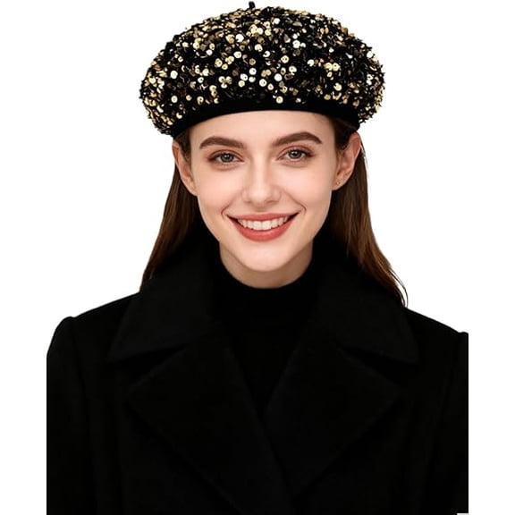 DOVACKA Sparkly Sequin Beret Hat, Vintage French Style Cap for Women, Ideal for Party, Daily Wear