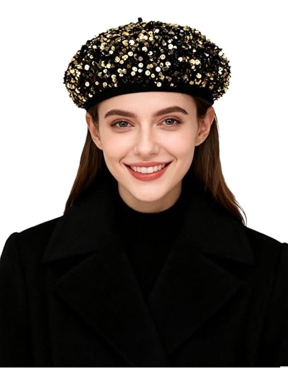 Sparkly Sequin Beret Hat, Vintage French Style Cap for Women, Ideal for Party, Daily Wear