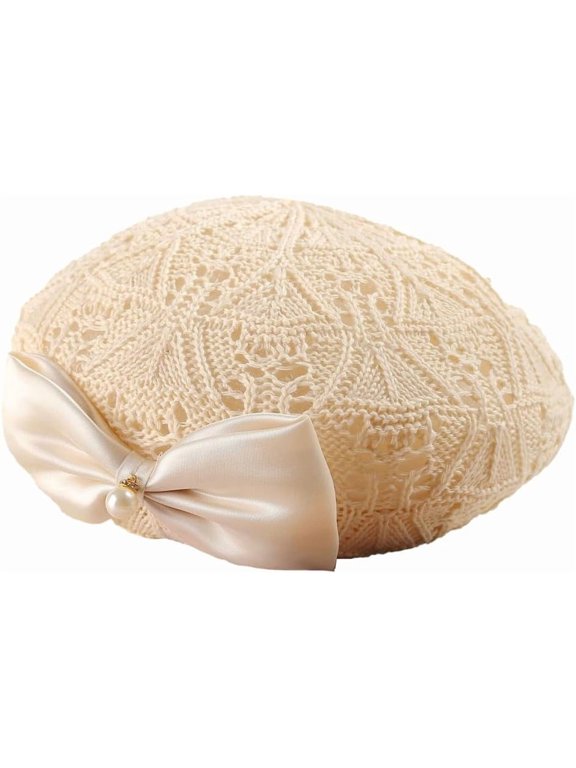 Summer Hollow Out Beret Hat, Floral Slouchy Crochet Woven Cap with Bow Pearl, Trendy French Artist Style for Ladies
