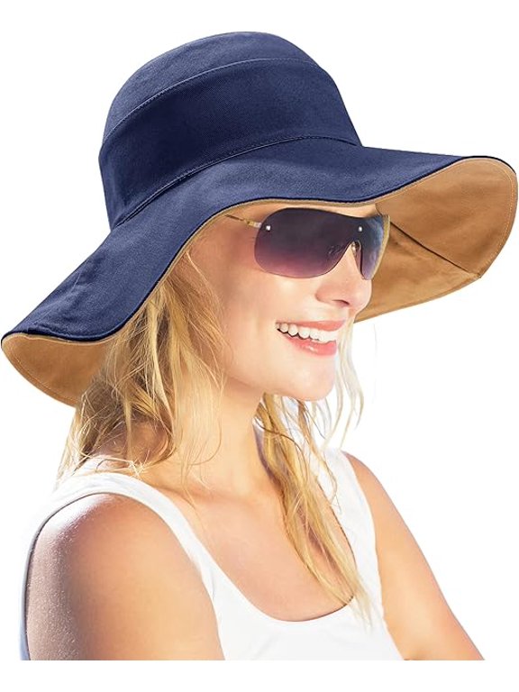 UPF 50+ Cotton Beach Hat, Foldable Shapeable Wide Brim Sun Cap with Chin Strap for Women