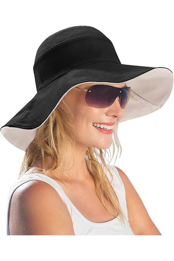 UPF 50+ Cotton Beach Hat, Foldable Shapeable Wide Brim Sun Cap with Chin Strap for Women