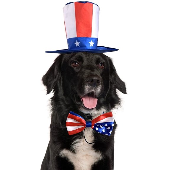 DOVACKA Uncle Sam Dog Top Hat & American Flag Dog Bow Tie Collar - 4th July Pet Costume Set for Dogs & Cats (2Pcs, Satin, Adjustable Size)