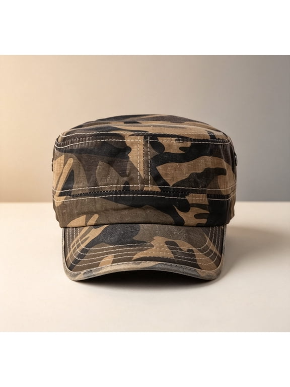 Unisex Camo Flat Top Cadet Cap, Adjustable Military Army Hat for Men Women, Breathable Durable Cotton Outdoor Casual