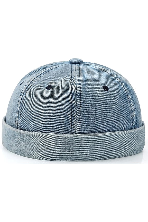 Vintage Washed Denim Miki Hat, Brimless Rolled Cuff CapBrimless Dome Hats for Women Men