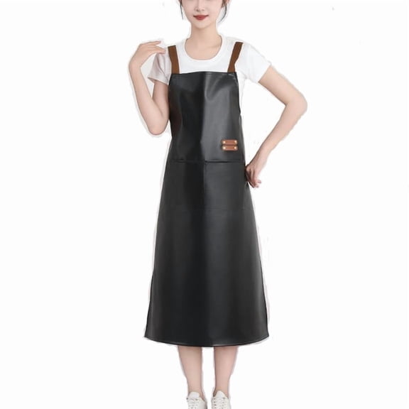 DOVACKA Waterproof PU Apron with Large Pocket, Oil-Proof & Dust-Proof, Black and Red for Kitchen Work