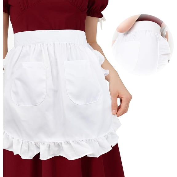 DOVACKA White Maid Ruffle Half Apron for Women with Pockets, Waitress Servant Uniform for Halloween Cosplay Kitchen Cafe Party