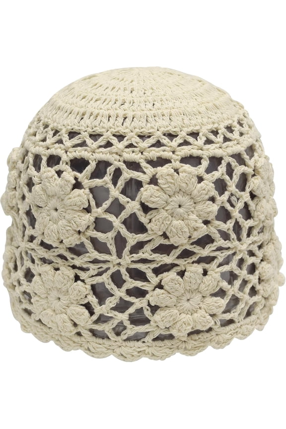 Women Cotton Crochet Skull Cap Handmade Knit Cutout Floral Beanie Hat